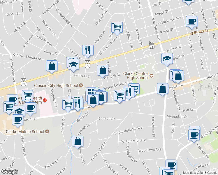 map of restaurants, bars, coffee shops, grocery stores, and more near 199 Columbus Avenue in Athens