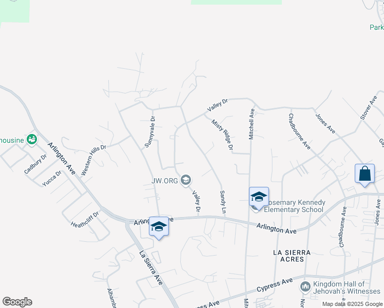map of restaurants, bars, coffee shops, grocery stores, and more near 6640 Sandy Lane in Riverside
