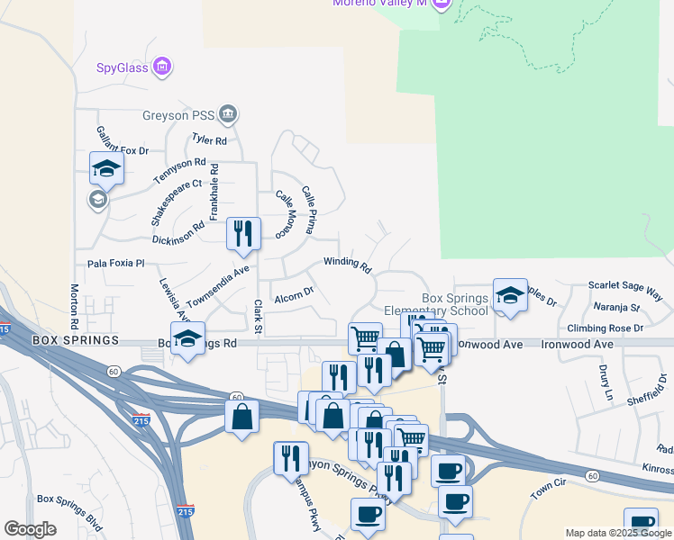 map of restaurants, bars, coffee shops, grocery stores, and more near 21725 Winding Road in Moreno Valley