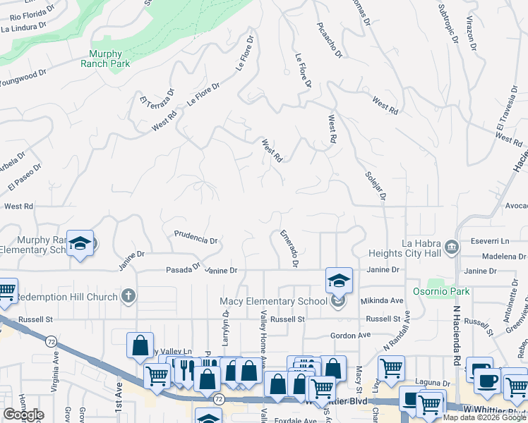 map of restaurants, bars, coffee shops, grocery stores, and more near 16601 Monte Oro Drive in Whittier
