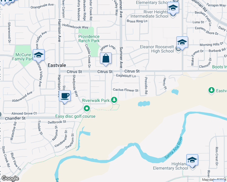 map of restaurants, bars, coffee shops, grocery stores, and more near 7626 Soaring Bird Court in Corona