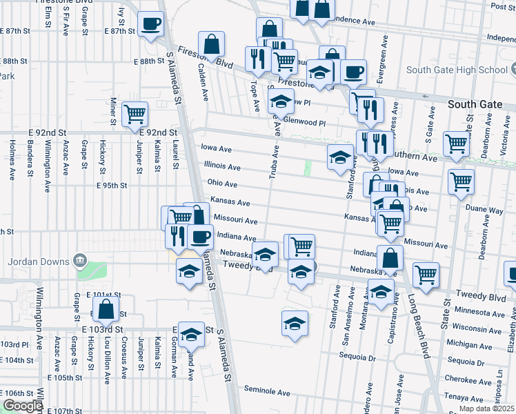 map of restaurants, bars, coffee shops, grocery stores, and more near 2566 Kansas Avenue in South Gate