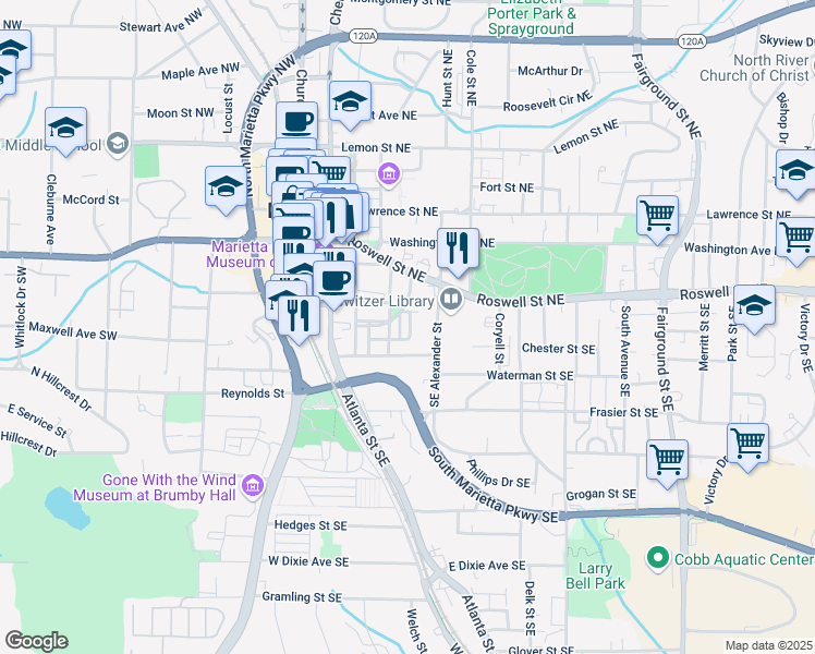 map of restaurants, bars, coffee shops, grocery stores, and more near 383 Summerhour Street in Marietta