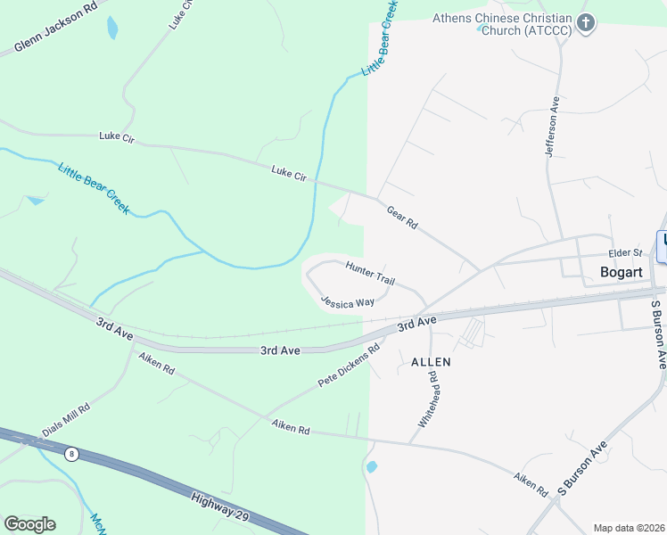 map of restaurants, bars, coffee shops, grocery stores, and more near 1151 Hunter Trail in Bogart