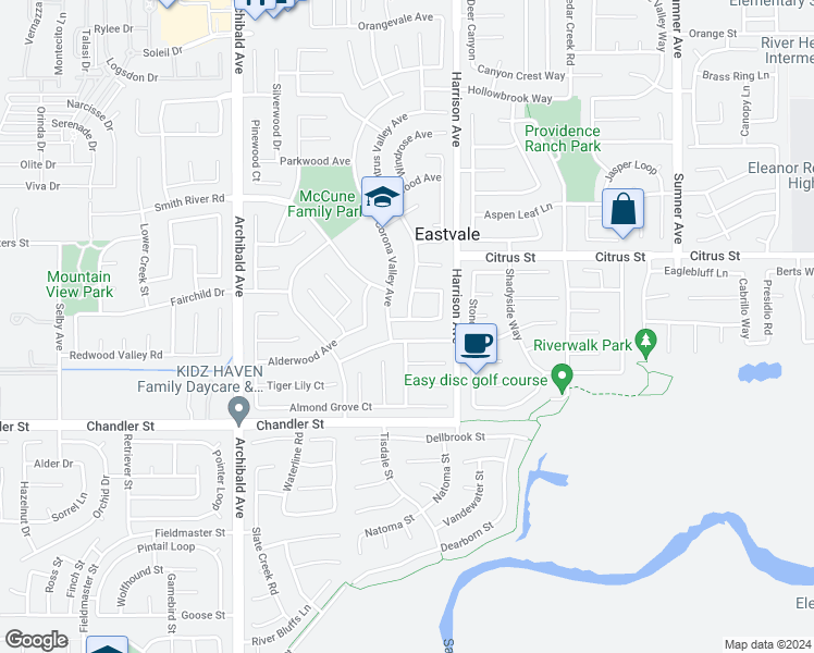 map of restaurants, bars, coffee shops, grocery stores, and more near 13875 Peach Grove Lane in Corona