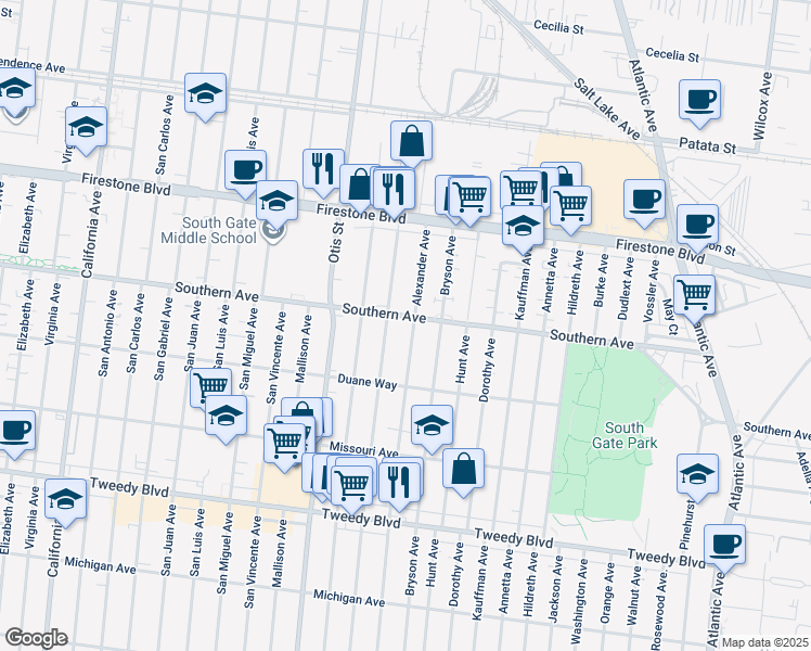 map of restaurants, bars, coffee shops, grocery stores, and more near 9211 Alexander Ave in South Gate
