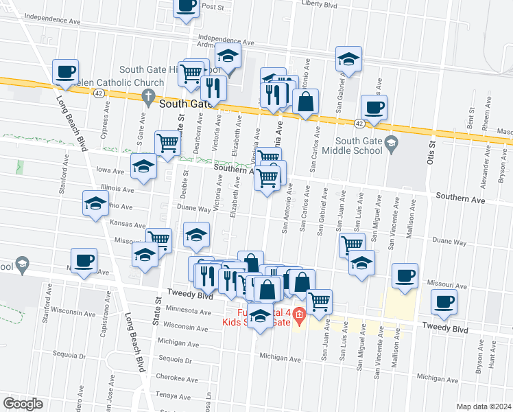 map of restaurants, bars, coffee shops, grocery stores, and more near 9400 Virginia Ave in South Gate
