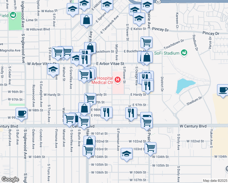map of restaurants, bars, coffee shops, grocery stores, and more near 501 East Hardy Street in Inglewood