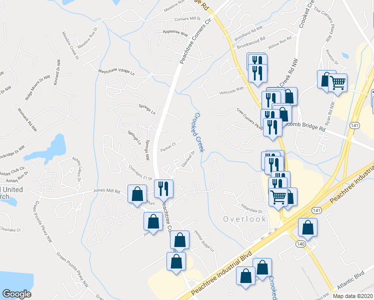 map of restaurants, bars, coffee shops, grocery stores, and more near 818 Glenleaf Drive in Norcross