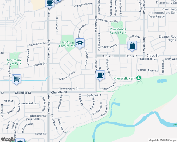 map of restaurants, bars, coffee shops, grocery stores, and more near 13845 Peach Grove Lane in Corona