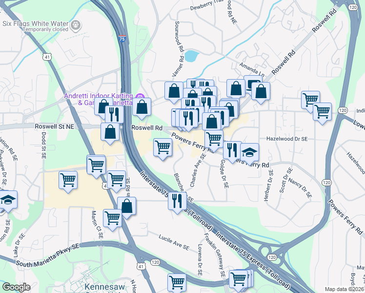 map of restaurants, bars, coffee shops, grocery stores, and more near 1380 Wylie Drive in Marietta