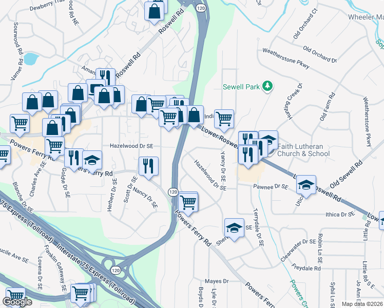 map of restaurants, bars, coffee shops, grocery stores, and more near 1875 Hazelwood Drive Southeast in Marietta