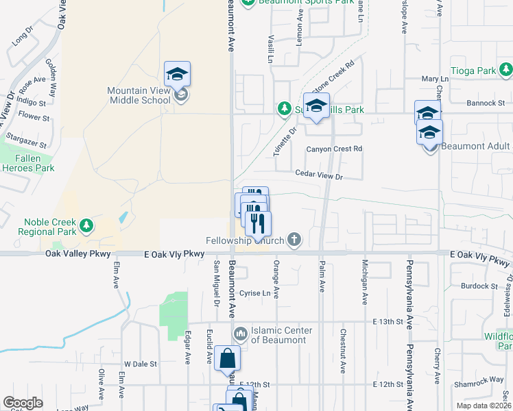 map of restaurants, bars, coffee shops, grocery stores, and more near 488 East 15th Street in Beaumont