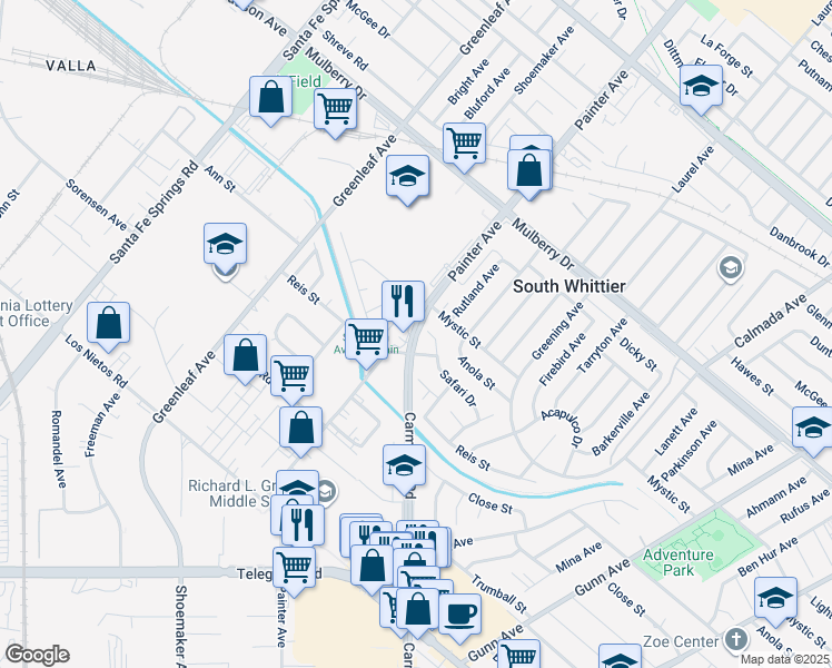 map of restaurants, bars, coffee shops, grocery stores, and more near 11428 Painter Avenue in Whittier