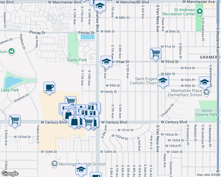 map of restaurants, bars, coffee shops, grocery stores, and more near 2915 West 95th Street in Inglewood