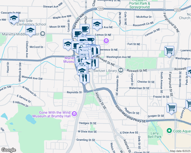map of restaurants, bars, coffee shops, grocery stores, and more near 89 Atlanta Street Southeast in Marietta