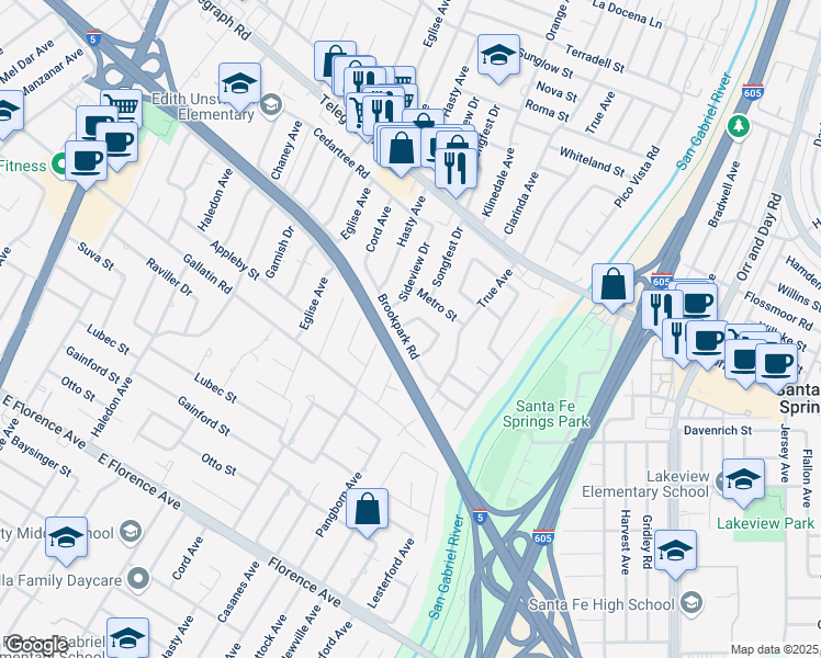 map of restaurants, bars, coffee shops, grocery stores, and more near 9332 Songfest Drive in Downey