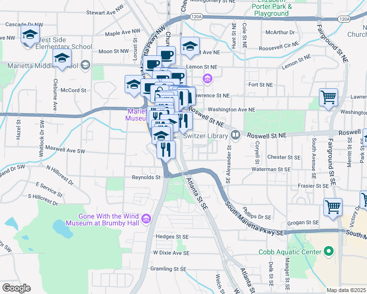 map of restaurants, bars, coffee shops, grocery stores, and more near 89 West Atlanta Street Southeast in Marietta