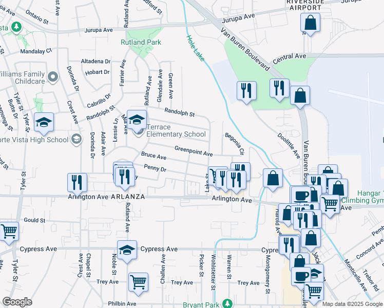 map of restaurants, bars, coffee shops, grocery stores, and more near 8444 Greenpoint Avenue in Riverside