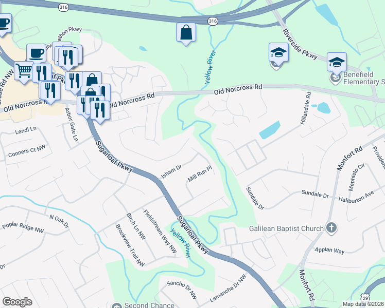 map of restaurants, bars, coffee shops, grocery stores, and more near 1547 Isham Drive in Lawrenceville