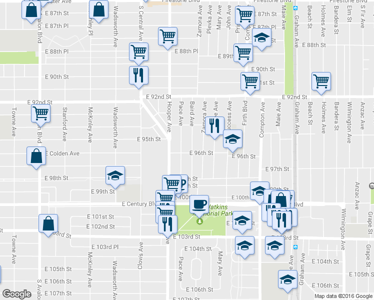 map of restaurants, bars, coffee shops, grocery stores, and more near 1231 East 96th Street in Los Angeles