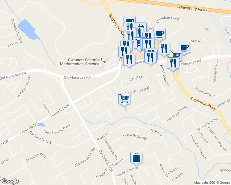 map of restaurants, bars, coffee shops, grocery stores, and more near 862 Conners Cove Northwest in Lawrenceville