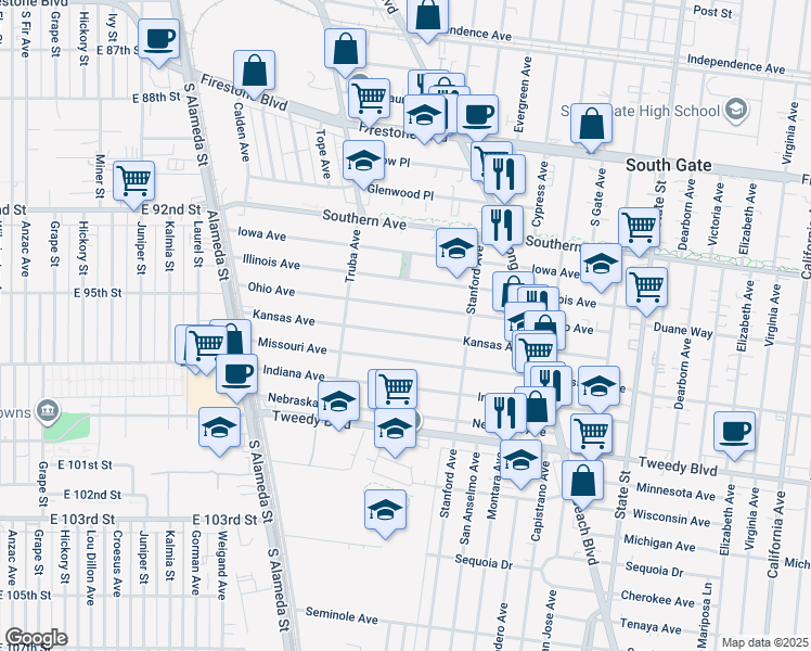 map of restaurants, bars, coffee shops, grocery stores, and more near 2723 Kansas Ave in South Gate