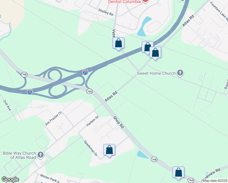 map of restaurants, bars, coffee shops, grocery stores, and more near 1807 Atlas Road in Columbia