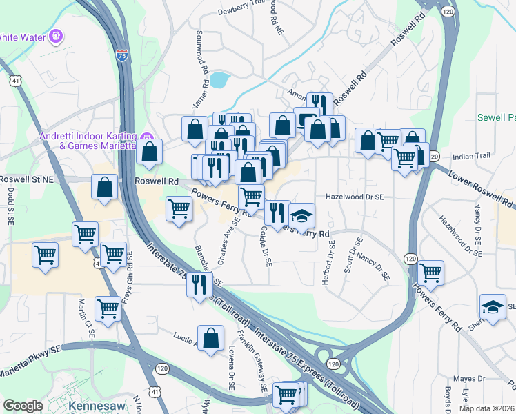 map of restaurants, bars, coffee shops, grocery stores, and more near 1490 Cloverdale Drive Southeast in Marietta