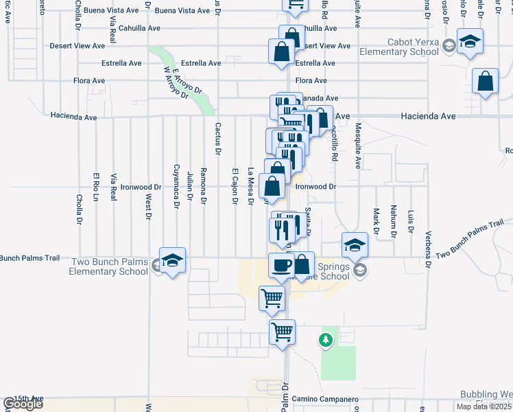 map of restaurants, bars, coffee shops, grocery stores, and more near 13642 La Mesa Drive in Desert Hot Springs