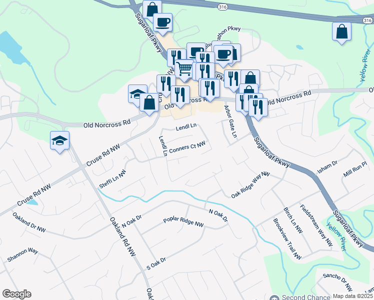 map of restaurants, bars, coffee shops, grocery stores, and more near 1860 Conners Court Northwest in Lawrenceville