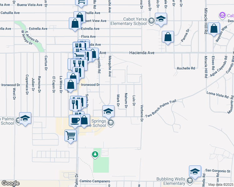 map of restaurants, bars, coffee shops, grocery stores, and more near 13655 Mark Drive in Desert Hot Springs