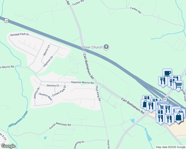 map of restaurants, bars, coffee shops, grocery stores, and more near 683 Carl-Bethlehem Road in Winder