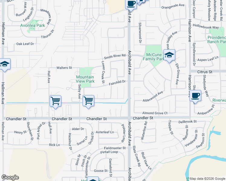 map of restaurants, bars, coffee shops, grocery stores, and more near 7634 Potter Valley Drive in Corona