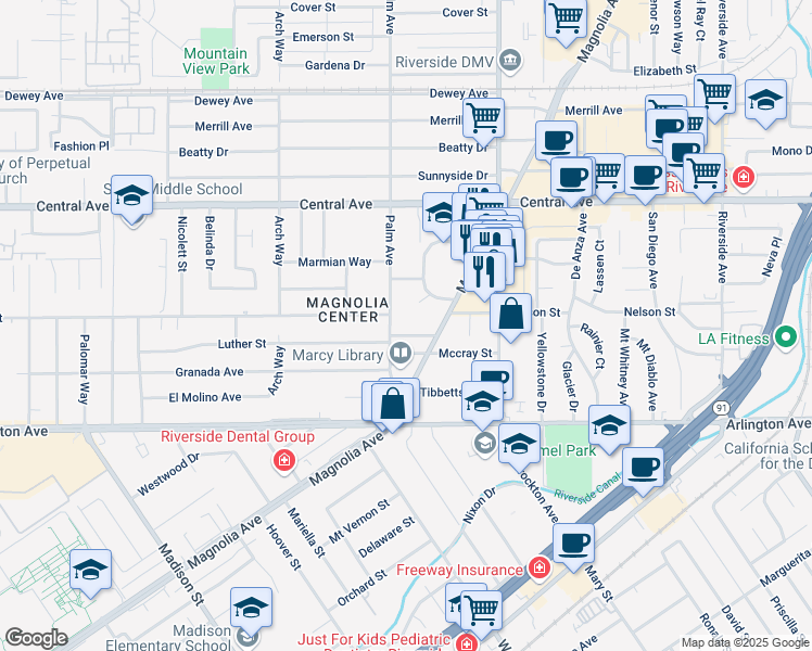 map of restaurants, bars, coffee shops, grocery stores, and more near 4371 Luther Street in Riverside