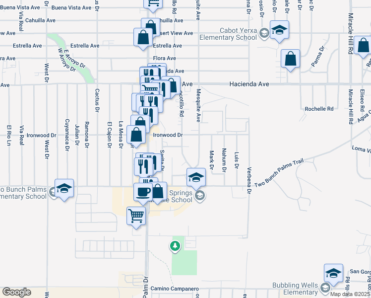 map of restaurants, bars, coffee shops, grocery stores, and more near Joseph Way in Desert Hot Springs