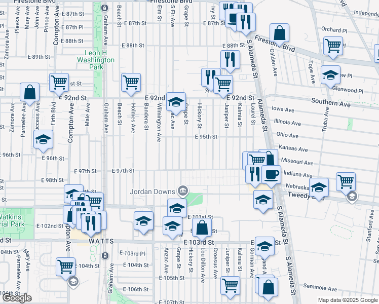 map of restaurants, bars, coffee shops, grocery stores, and more near 9536 Grape Street in Los Angeles