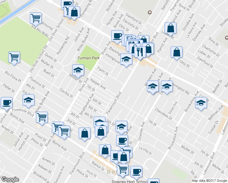 map of restaurants, bars, coffee shops, grocery stores, and more near 7969 Harper Avenue in Downey