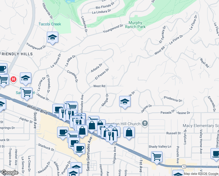 map of restaurants, bars, coffee shops, grocery stores, and more near 15914 West Road in Whittier