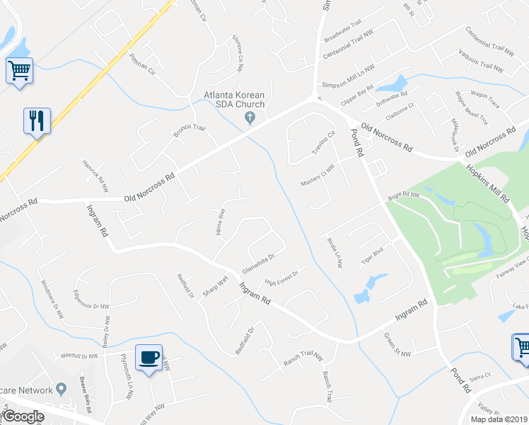 map of restaurants, bars, coffee shops, grocery stores, and more near 4887 Glenwhite Drive in Duluth