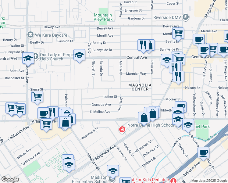 map of restaurants, bars, coffee shops, grocery stores, and more near 4744 Sierra Street in Riverside