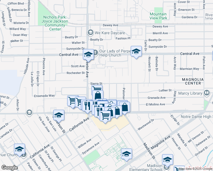 map of restaurants, bars, coffee shops, grocery stores, and more near 5160 Sierra Street in Riverside