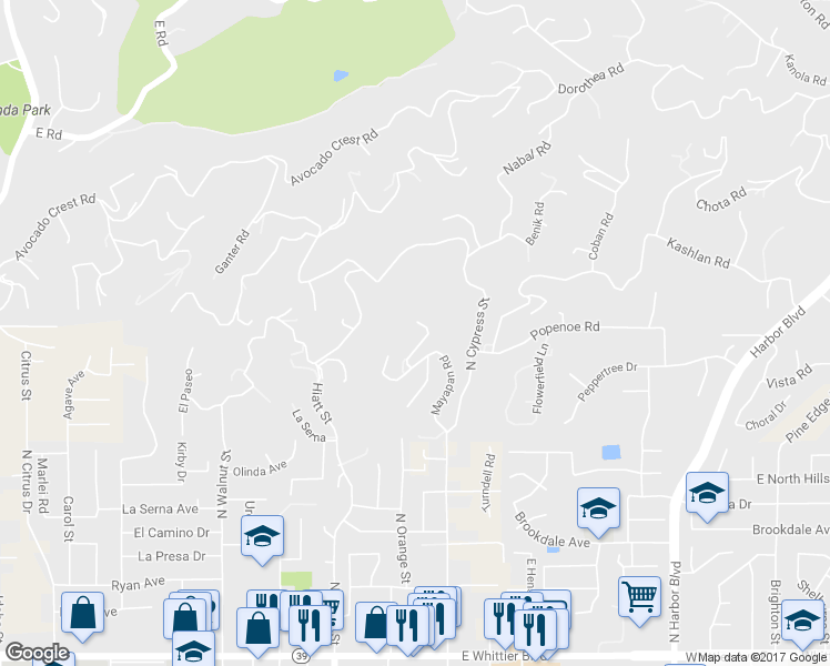map of restaurants, bars, coffee shops, grocery stores, and more near 1445 Darlene Drive in La Habra Heights