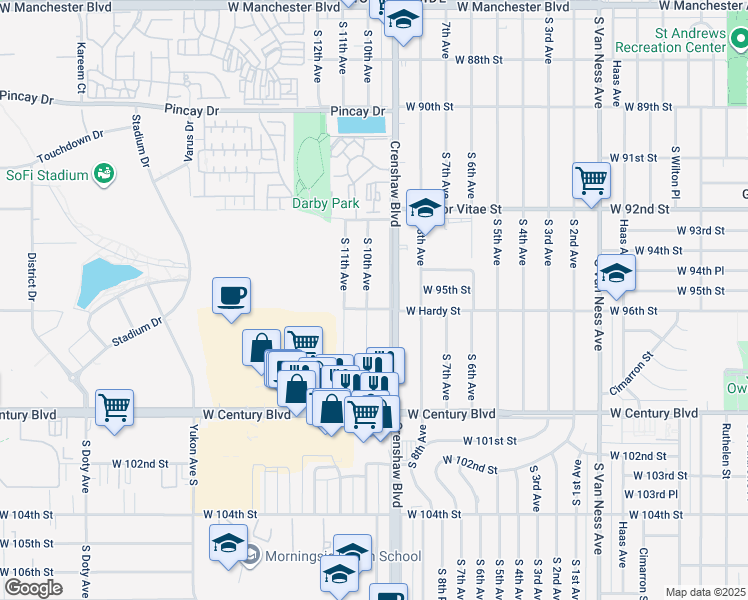 map of restaurants, bars, coffee shops, grocery stores, and more near 9524 South 10th Avenue in Inglewood
