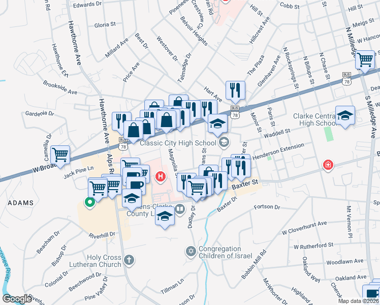 map of restaurants, bars, coffee shops, grocery stores, and more near 252 Colima Avenue in Athens