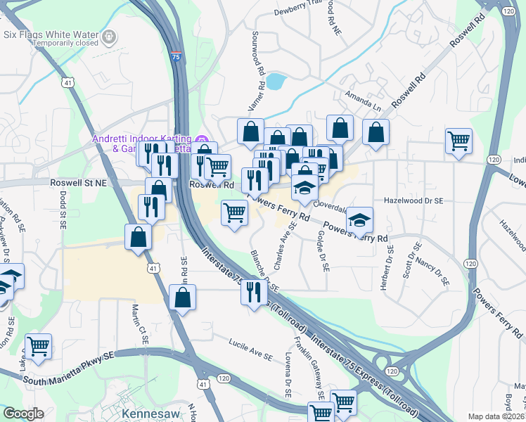 map of restaurants, bars, coffee shops, grocery stores, and more near 1380 Wylie Drive in Marietta