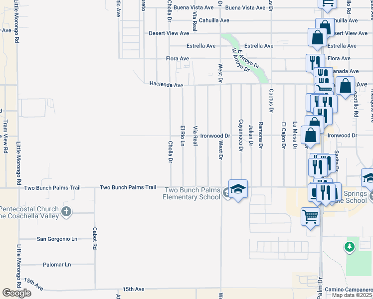 map of restaurants, bars, coffee shops, grocery stores, and more near 13660 El Rio Lane in Desert Hot Springs