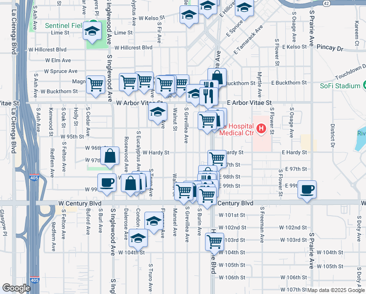 map of restaurants, bars, coffee shops, grocery stores, and more near 1039 South Grevillea Avenue in Inglewood
