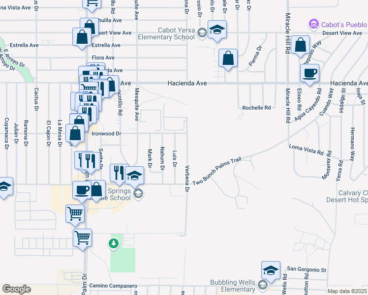 map of restaurants, bars, coffee shops, grocery stores, and more near 13635 Verbena Drive in Desert Hot Springs