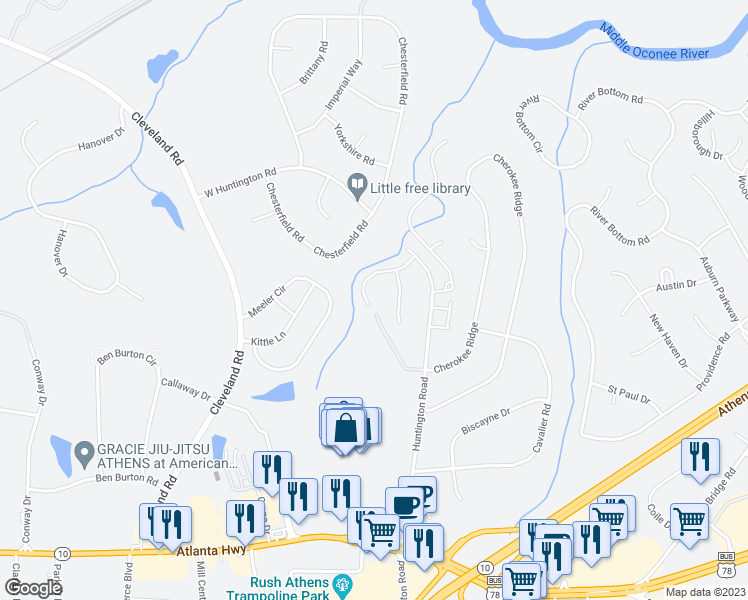 map of restaurants, bars, coffee shops, grocery stores, and more near 201 Mountain Laurel Run in Athens